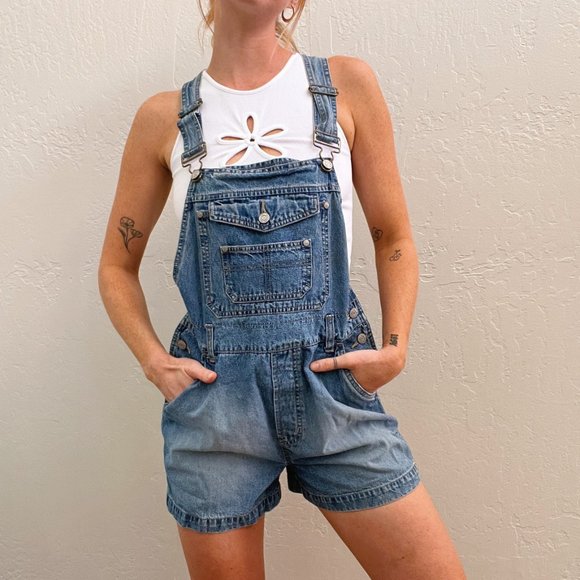 Vintage 90s/Y2K No Boundaries Blue Denim Overall Shorts - Picture 2 of 7